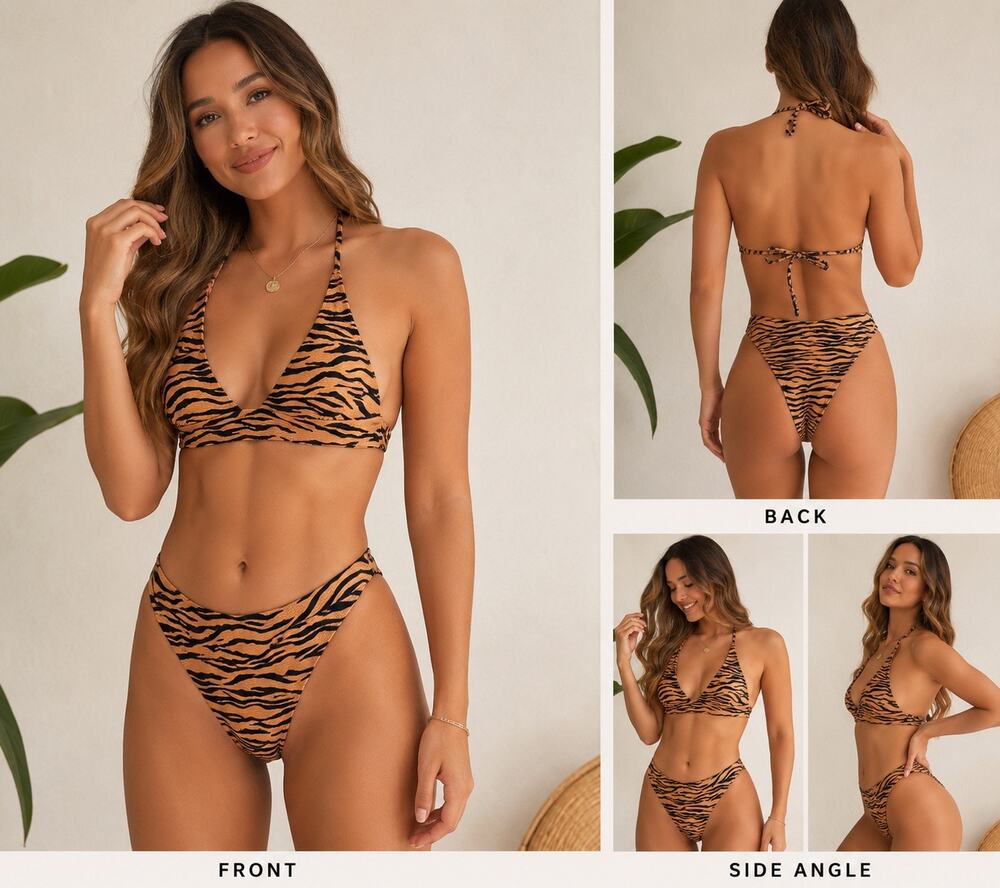 Aerie Tiger Print Textured Bikini Set Women’s Large High Cut Cheeky Triangle Top